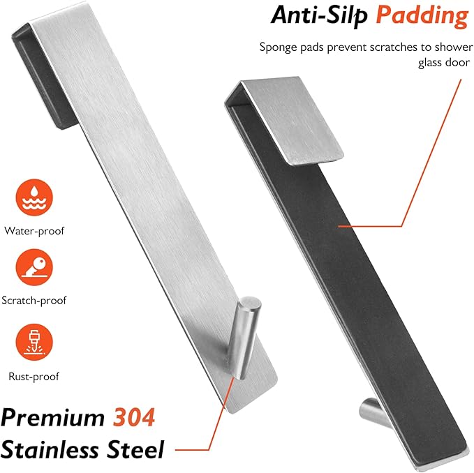 Kontoyo Shower Door Hooks(7.5 Inch),Extended Over Door Hooks for Bathroom Frameless Glass Shower Door,Stainless Steel Towel Hooks,Heavy Duty Rack Hooks for Robe,Towel-2 Pack-Silver