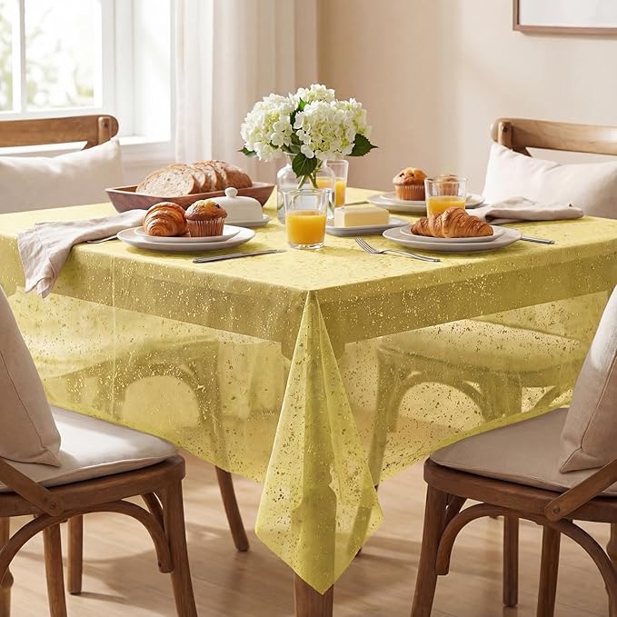 Horaldaily Yellow Gauze Tablecloth 60x140 Inch Rectangular, Golden Sequin Glitter Metallic Foil, Sheer Tulle Cheesecloth for Wedding Baby Shower Ceremony Birthday