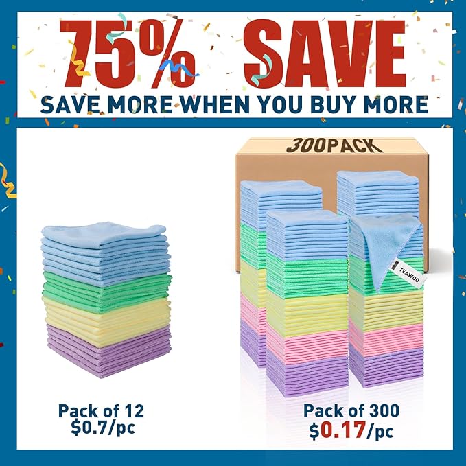 TEAWOO Microfiber Towels Bulk-300 Pack, Cleaning Cloths, Microfiber Towels for Cars, Cleaning Rags 5 Colors Assorted (12x12 inches)