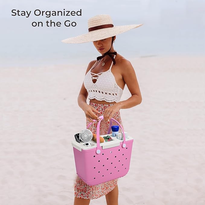 Tote Topper Tray Accessories for Bogg Bag Large Only – Waterproof EVA Table Top Organizer Lid with Cup Holder, Snack, Phone & Drink Holders for Beach, Pool, Picnic, Travel (White)