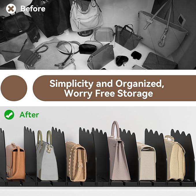 SOYO Adjustable Purse Organizers for Closet, Acrylic Shelf Divider for Bag and Purse Storage, Pocketbook and Handbag Organizer, Bookshelf Separator Organizers for House, Office Use, Black，2pc