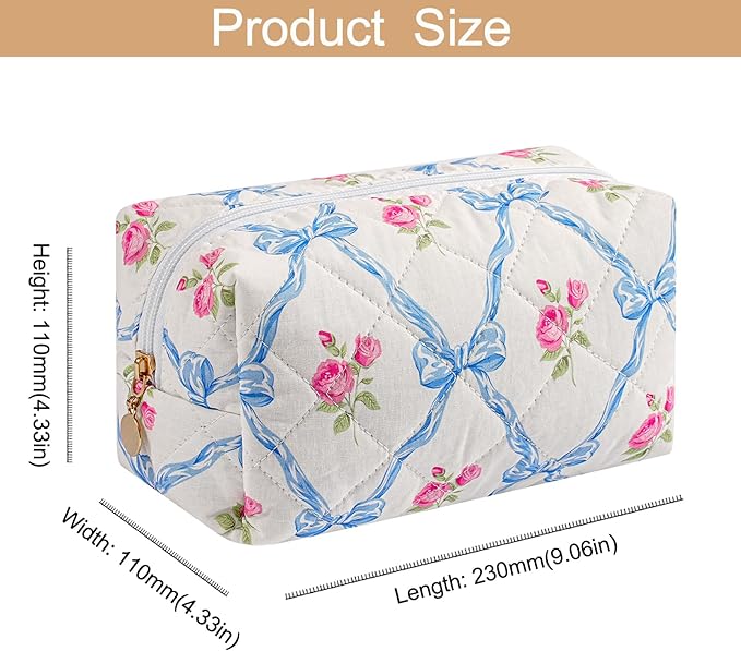 HHQQWZ Makeup Bag Travel Cosmetic Bag for Women Girls, Zipper Make Up Pouch, Floral Flowers Toiletry Organizer Makeup, Portable Storage Bag, Cosmetic Travel Cloth Bag (Blue Bowknot/Gold Zipper)