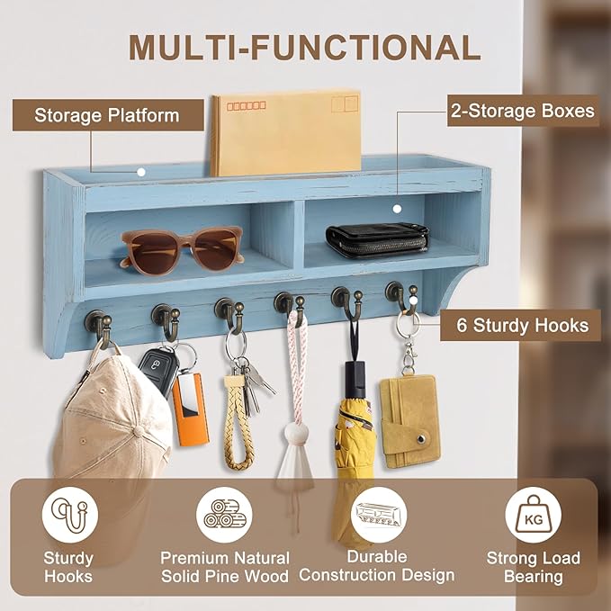 Key Holder Wall Mount - Mail Organizer Wall Mount with 6 Key Hooks and Storage Box for Sunglasses Storage and Dog Leash Holder Home Decor Rack Apartment Farmhouse Shelf Entryway Organizer (Blue)
