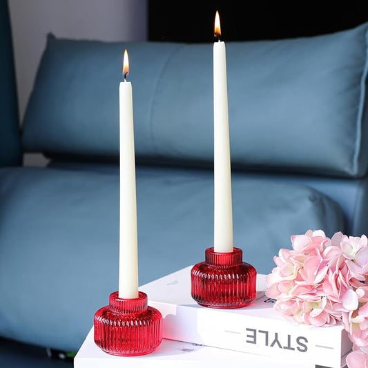 Woho Red Taper Candle Holders Set of 4 for Christmas Decorations, Reversible Ribbed Glass Candlestick Holders for Wedding Table, Vintage Candle Sticks Holder Decor for Valentines Day Decor