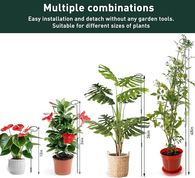 2 Set Metal Plant Sticks Support Tall 48 Inch Adjustable Plants Stem Support Rod Amaryllis Holder Stake Garden Flower Rings with 20PCS Clips 16.5' Plant Ties for Outdoor Indoor Plants