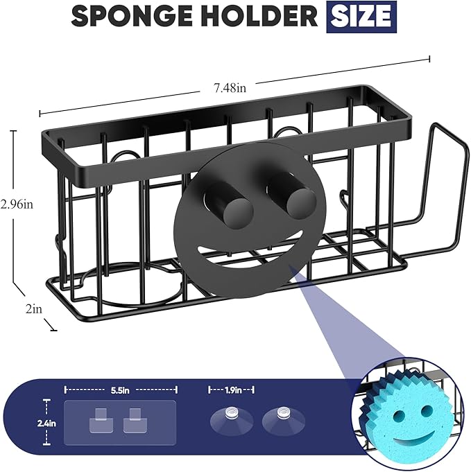 Sponge Holder for Kitchen Sink, Sink Caddy Smiley Face, 4-in-1 Sponge Holder with Suction Cups & 1 PC Adhesive Strip for Holding Soap, Brush, Scrubber, Sponge, Stopper - Black