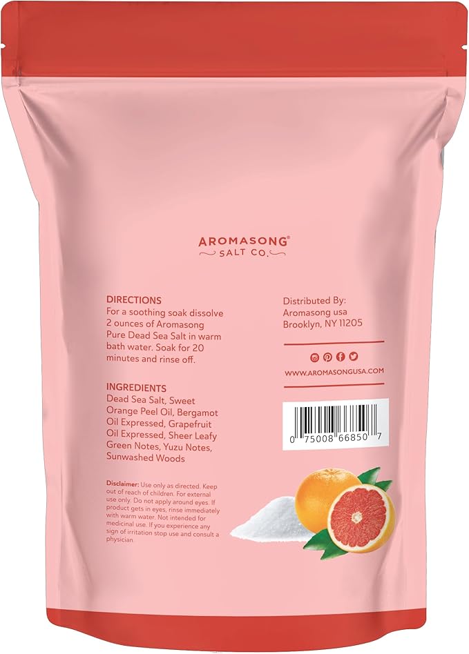 Aromasong Dead Sea Salt - Fine Grain Spa Salt Grapefruit Scent 14 Oz – 7 Uses Per Pack - Pure & Natural - Used for Body wash Scrub - Soak for Women & Men for Skin Issues and to Relax Tired Muscles