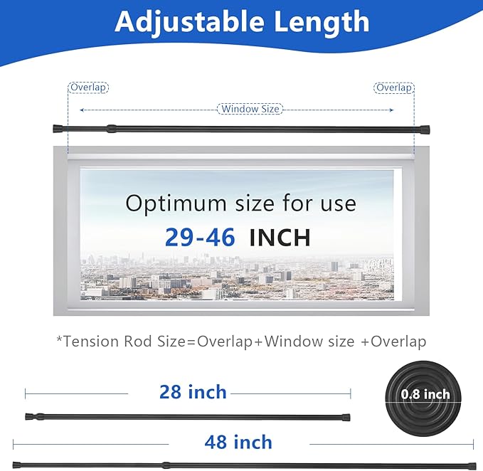 Goowin Tension Curtain Rod 28 to 48 Inch, 5/8" Diameter No Drilling Small Rod, Expandable Spring Loaded Curtain Rods, Rods for Closet, windows, Cupboard, 4 Pack, Black