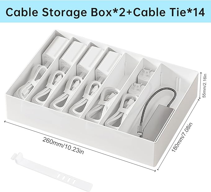 PAVSTINE 2 Pcs Large Cable Organizer Box with Wire Ties, Plastic Charger Organizer box with 8 Compartments, Stackable Cord Organizer Box for Office, Home, Desk Drawer Stationery Supplies Storage, White