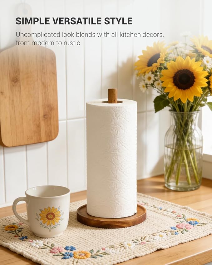 NESAPTO Paper Towel Holder Countertop, Wooden Standing Paper Towel Roll Stand for Rustic Farmhouse & Cottagecore Decor, Kitchen Bathroom Essential, Brown