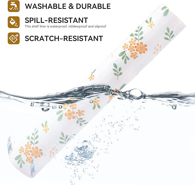 RAY STAR Shelf Liner, 18 Inch x 24 Feet Non-Adhesive Orange Floral Kitchen Cabinet Liner for Pantry Drawer Vanity, Strong Grip Non-Slip Waterproof, Shelf Liners for Kitchen Cabinets Cupboard