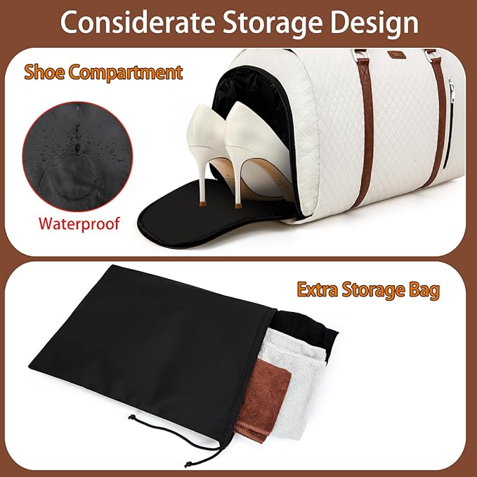 Convertible Garment Duffle Bags for Travel - Carry On Garment Bags With Toiletry Bag, Large Weekender Bags for Women Men 2 in 1 Hanging Suitcase Suit Travel Duffel Bags (2pcs Set, Off White Diamond)