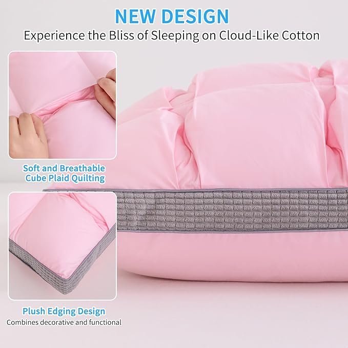 YOUR MOON Soft Pillow Queen for Sleeping, Super Soft Support Down Alternative Pillow, 100% Cotton Shell Luxury Comfy Fluffy Bed Pillows for Sleep(Pink)