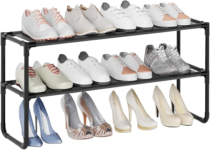 Long Shoe Rack, 2-Tier Stackable Shoe Organizer for Closet, Entryway, Hallway, Extra Bottom Layer, Holds 12-15 Pairs, Sturdy & Durable Waterproof Fabric Shelf, Space-Saving,Black(35.8" Wide)