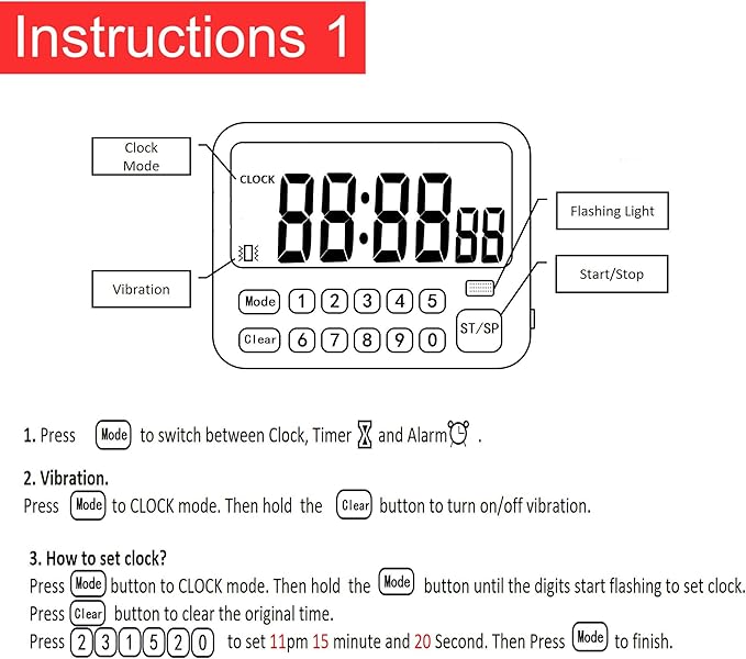 Digital Multifunction Timer with Clock, 10 Preset Alarms, Countup & Countdown, Memory Settings, White