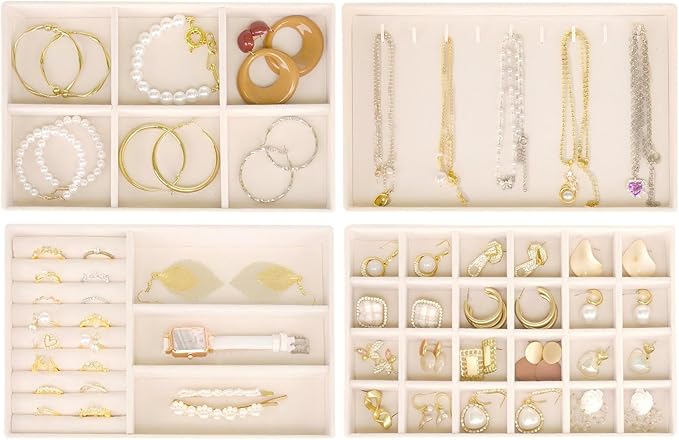 Cirhy Velvet Jewelry Drawer Organizer Trays – Stackable Jewelry Trays for Drawers, Set of 4 Jewelry Organizer for Drawer Inserts, Display Storage Box for Earrings, Rings, Necklaces, Bracelets