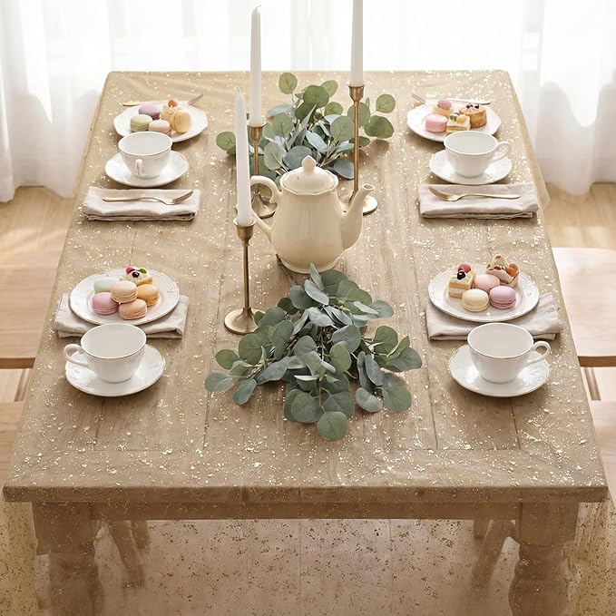 Horaldaily Coffee Gold Gauze Tablecloth 60x84 Inch Rectangular, Golden Sequin Glitter Metallic Foil, Sheer Tulle Cheesecloth for Wedding Baby Shower Ceremony Birthday