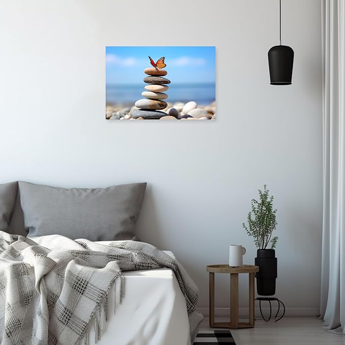 ARTZGX Zen Stone Wall Art Canvas Spa Bathroom Pictures Butterfly Print Meditation Still Life Painting for Yoga Room Decor Frame(Zen - D 24.00" x 36.00")