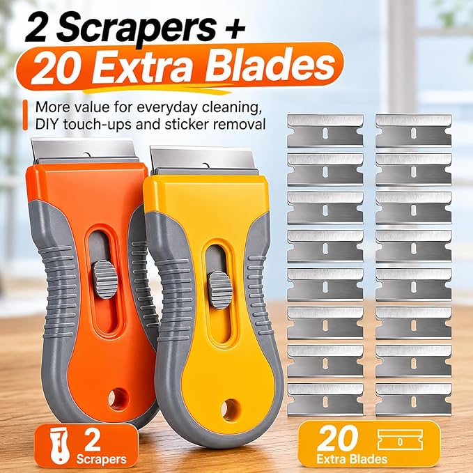 Razor Blade Scraper Tool, 2 Pack Scraper with 20 Replacement Blades, Retractable Scraper with Safety Lock and Non-Slip Grip for Removing Stickers, Labels, Paint, Caulk from Windows, Cooktop and Glass