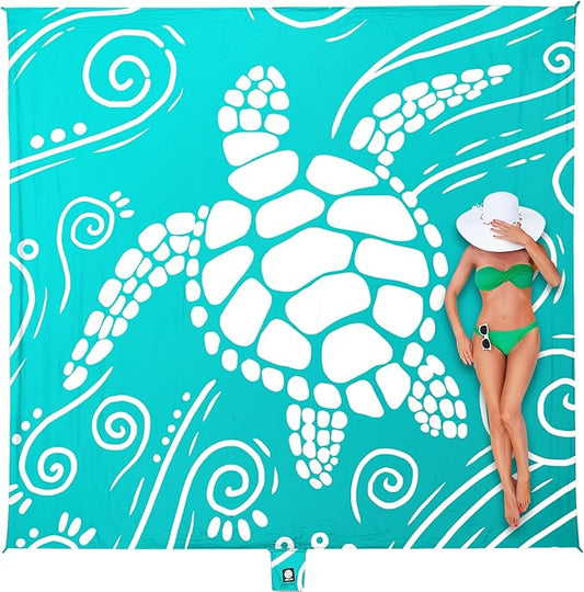 WEKAPO Beach Blanket Waterproof Sandproof Oversized Extra Large Sand Free Beach Mat with Stakes, Storage Bag - Essentials for Outdoor Beach, Picnic (Gradient Teal Sea Turtle, 11 X 9 FT (1~10 Person))