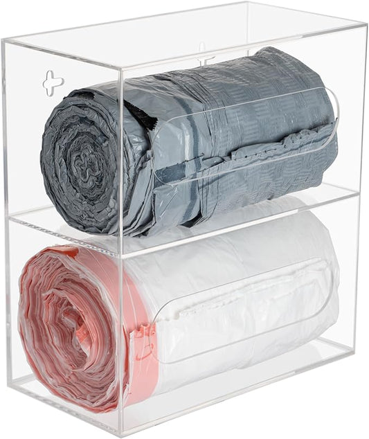 Trash Bag Dispenser Roll Holder Wall Mount and Under Sink, 2 Compartment Clear Acrylic Cabinet Kitchen Organizer Storage Box for Garbage Bags Grocery Bag Can Plastic Shopping Bag Container…
