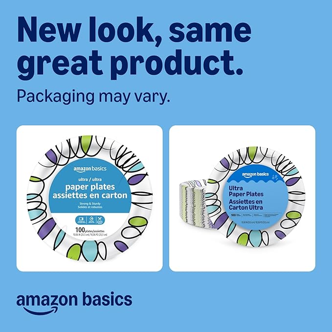 Amazon Basics Ultra Paper Plates, 10 Inch, Disposable, 100 Count, Packaging May Vary