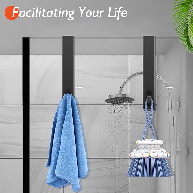 Kontoyo Shower Door Hooks(7.5 Inch),Extended Over Door Hooks for Bathroom Frameless Glass Shower Door,Stainless Steel Towel Hooks,Heavy Duty Rack Hooks for Robe,Towel-3 Pack-Black