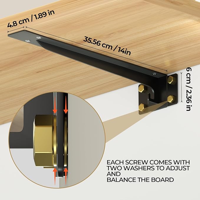 Heavy Duty Shelf Brackets 14 Inch, 1500 lbs Capacity, Hooks for Wall Mounted Shelves, L-Shaped Floating Shelf Brackets with Hanging (Black 2 Pack)