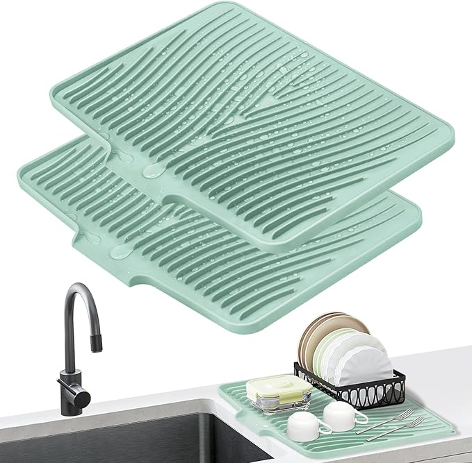 TIKNIK Dish Drying Mat, Stone Drying Mat for Kitchen Counter with Built-in Drain, Non-Slip Drying Matt Kitchen Counter, Heat Resistant Silicone Drying Mat, Dish Drying Pad, 2 Pcs (Mint 20" x 15")