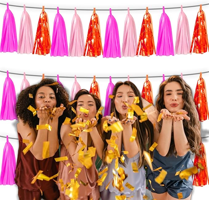 3P Hot Pink Orange LightPink Metallic Fringe Banner Garland Foil Tinsel Streamer Backdrop Banners for Parties, Wall Hanging Curtain Parade Floats, Graduation Decorations, Wedding Party Decoration