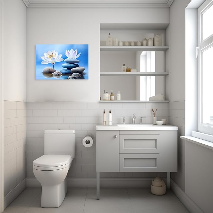 ARTZGX Zen Canvas Wall Art for Bathroom Lotus Pictures Blue Spa Stone Painting Butterfly Flower Artwork for Yoga Decor Frame(Zen - B 16.00" x 24.00")
