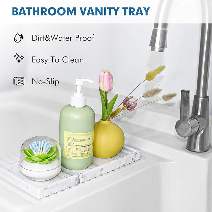 Bloss Bathroom Vanity Tray with Soap Dish Holder - 11.8" Silicone Counter Trays for Kitchen, Bathroom, Toilet, Perfume, Jewelry, Candle, Key, Dresser