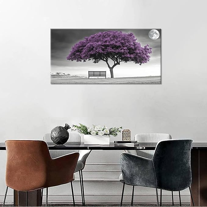 ZESTRILIA Country Purple Tree Wall Art for Living Room Office Violet Gray Moon Canvas Painting Prints Artwork Dining Bedroom Decor (30x16 Inches)
