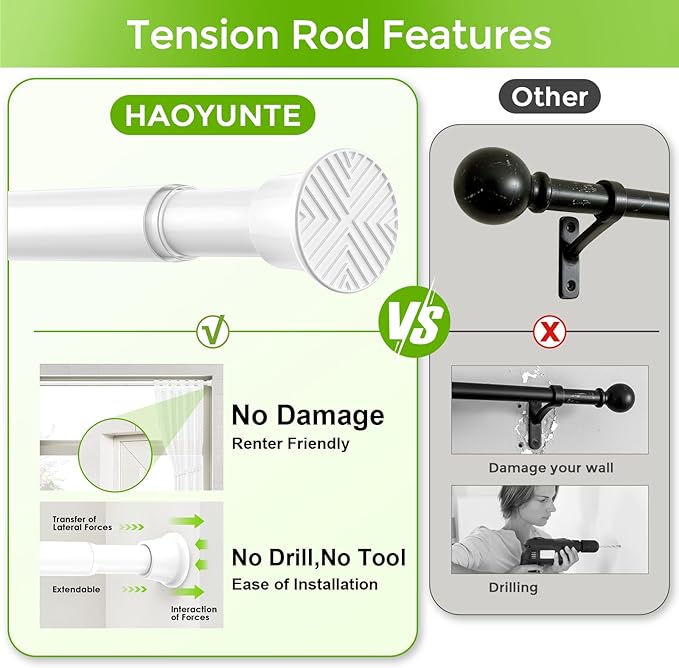 Tension Curtain Rod 32-76 Inch 7/8" Diameter Spring Loaded Curtain Rods No Drilling Adjustable Expandable Tension Shower Curtain Rods for Window Doorway Bathroom Kitchen Closet, White