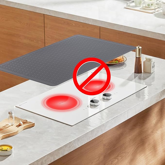 YUHFERA Stove Top Cover for Electric Stove - Silicone Stove Mat for Glass Top, Glass Cooktop Protector, XL Dish Drying Mats for Kitchen,Oven Covers for Electric Stove (Gray,30 x 21)
