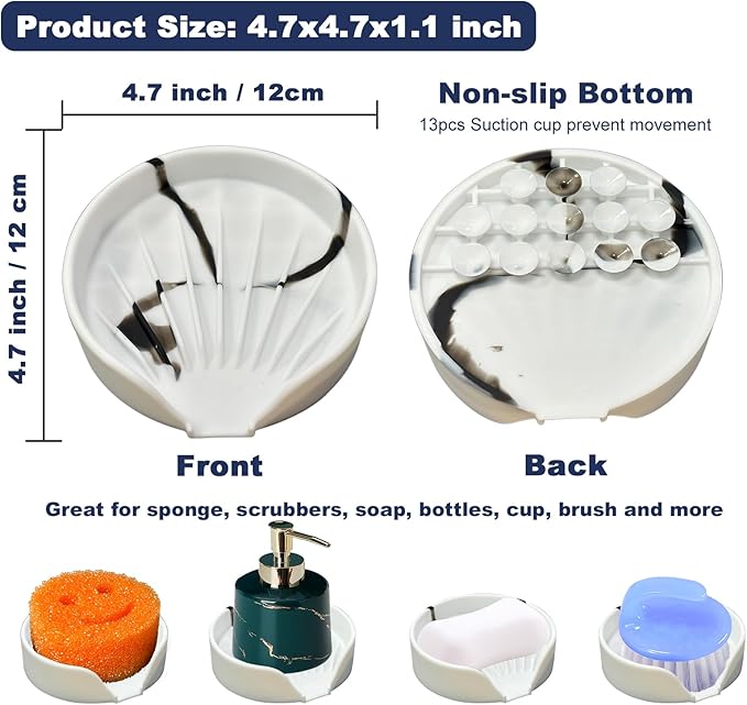 Sponge Holder for Scrub Daddy with Suction Cups and Drain Spout Kitchen Sink Caddy Organizer, Soap Dish Holder Accessories Rack, Dishwasher Safe - 4.7"x4.7", Marble White