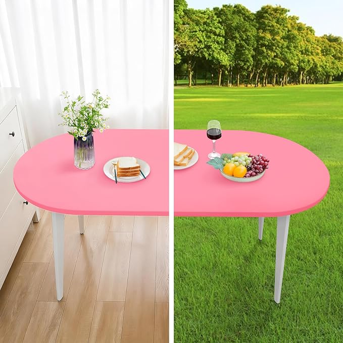 Fitted Oval Tablecloth 48 x 68 Inch Elastic Table Cloth, Stretch Spandex Table Cover Pink Washable Polyester Top Cap Cover for Dining Picnic Camping Indoor and Outdoor