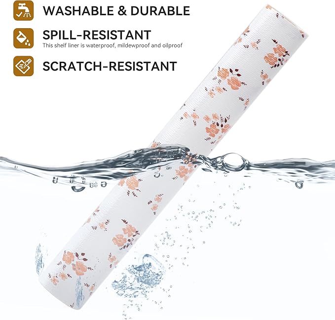 RAY STAR Shelf Liner, Non Adhesive Pink Orange Floral Printed Kitchen Cabinet Liner for Pantry Drawer Vanity, Strong Grip Non Slip, Shelf Liners for Kitchen Cabinets Cupboard 12 Inch x 10 FT (4 Rolls)