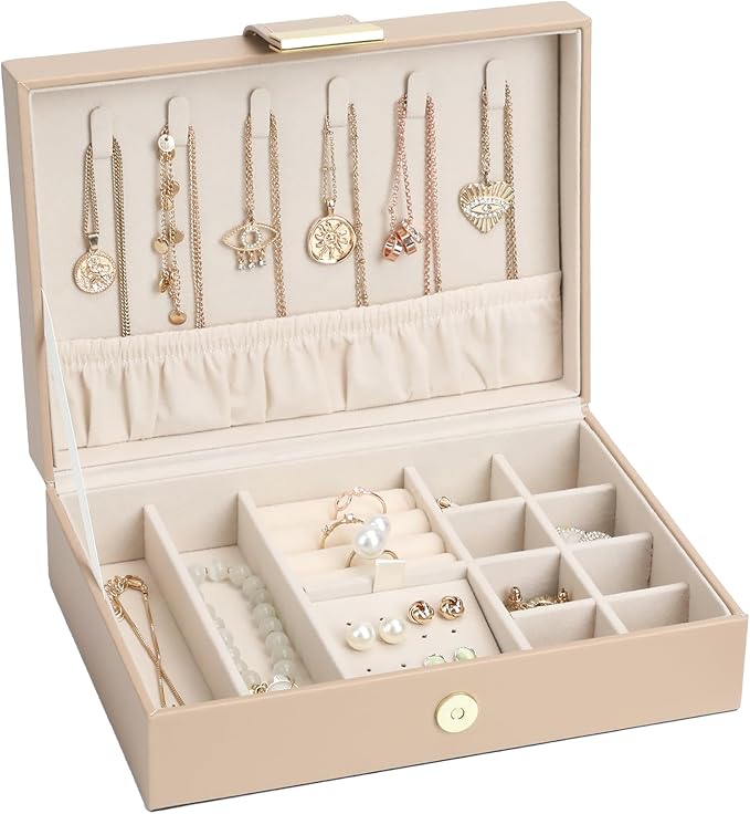 Leather Jewelry Box Elegant Small Jewelry Chest for Women Gift Box for Necklace, Ring, Earring Storage Portable Design for Travel Home Use Apricot