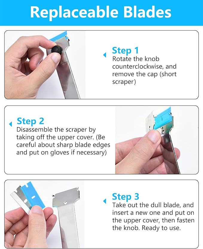 Razor Blade Scraper, Long Handle Scraper Tool with 10 Plastic and 10 Metal Blades - Ideal for Removing Labels, Stickers, Appliance Grease, and More from Windshields, Tint, and Glass (Blue)