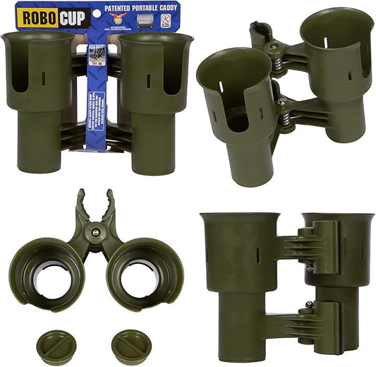 ROBOCUP, (Olive), Patented Clamp On Boat Cup Holder |Multifunction Dual Drink Caddy for Fishing Poles, Tools, Net, Gaff |Portable Storage for Boating, Beach, Umbrellas, Golf Carts, Strollers