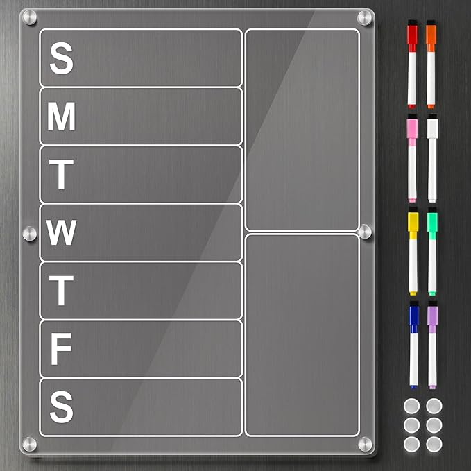 Acrylic Magnetic Menu Board for Kitchen, Large Weekly Meal Planner for Fridge, Clear Refrigerator Planning Board with 8 Color Markers, Dry Erase Board for Grocery/Shopping/to Do List -14.5''*11.5''