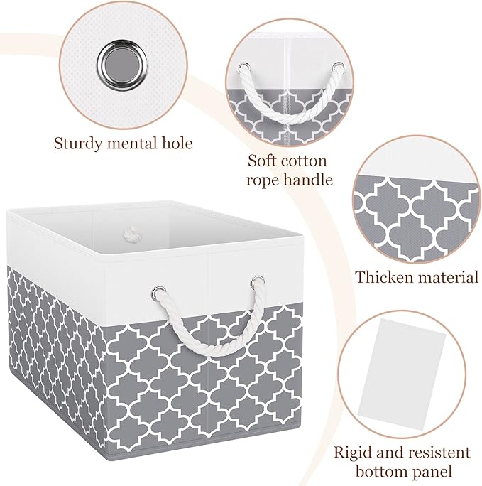 Fab totes Storage Bins [4-Pack], Foldable Storage Baskets for Organizing Toys, Books, Shelves, Closet, Large Storage Box with Rope Handles, Sturdy Organizer Bins,Clover Grey