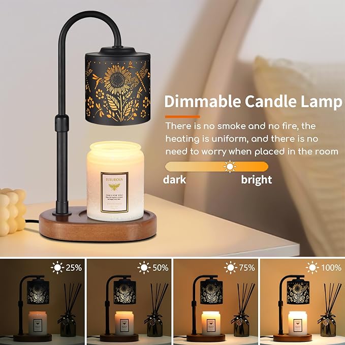 Dimmable Candle Warmer Lamp with Timer Adjustable Height for Scented Jar Candles Electric Candle Wax Melt Warmer for Home Decor Christmas Birthday Gifts for Women Mom(Sunflower+Dragonfly)