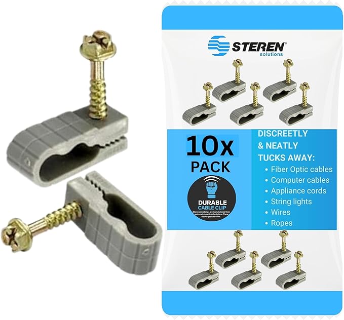 STEREN Coaxial Cable Clips - Cable Holder - Wire Clips - Siding Clips for Hanging - Cord Holder for Desk - Cable Clamps - Cord Clip - Wire Organizer Clips - TV Mount Screws - Gray - 10 Pack