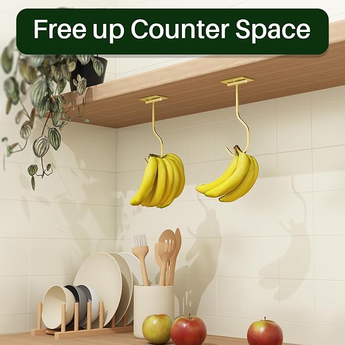Under Cabinet Banana Hook Adhesive: Foldable Banana Hanger, Gold Metal Banana Holder for Kitchen & RV, Space-Saving Design, Folding with Magnets When Not in Use, Keep Bananas Fresh