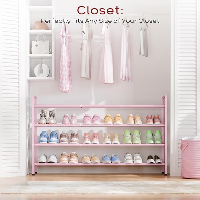 Bumusty 4-Tier Long Expandable Shoe Rack for Closet, 18"-44" Adjustable Shoe Rack for Entryway, 20-24 Pairs Large Shoe Organizer Shelf Storage, Sturdy Metal, Black