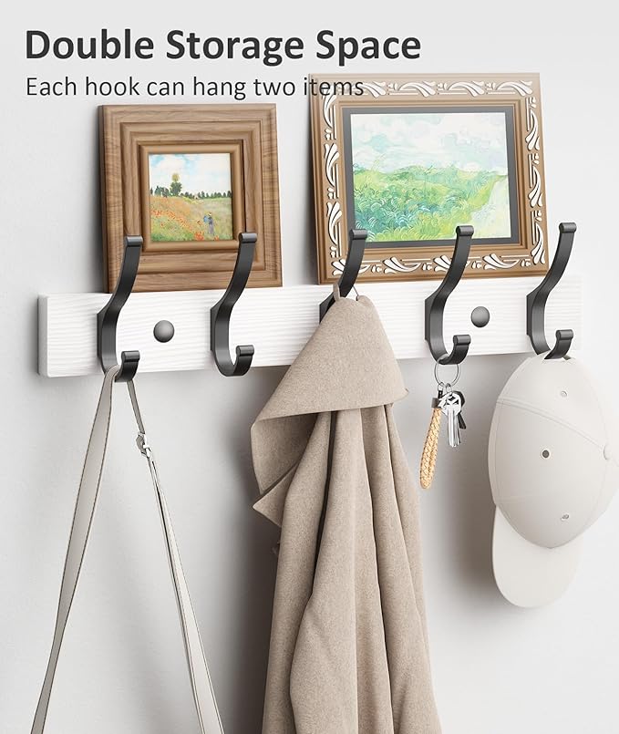 Coat Rack Wall Mount, 16.5 Inches Wood Coat Hooks Wall Mount, Wall Coat Rack with 5 Hooks, Hat Rack Wall Hooks for Hanging Coat, Bag, Towel (2Pack, White)