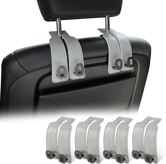 Car Headrest Hooks Universal Car Purse Hook Premium Leather and Alloy Twin Hook Car Seat Back Storage Hanger Hook for Purse Bags Cloth Drink Durable Holder Car Accessories (BH09-Grey-Black-4 Pack)