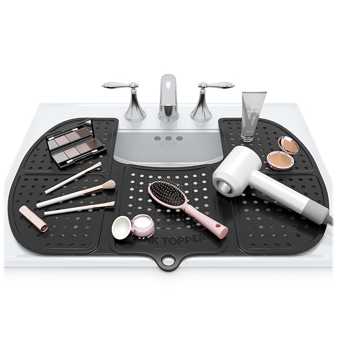 Sink Topper Bathroom Counter Cover & Storage Saver, Foldable Silicone Mat for Hot Tools, Hair Styling & Makeup, Beauty Brush Cleaning Mat, RV Camper Sink Cover & for Small Spaces (Large Black)